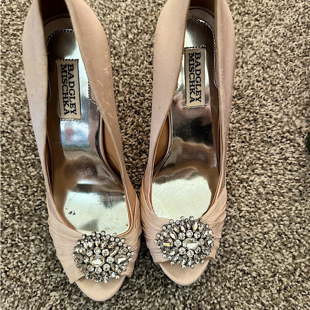 Baby pink Badgley Mischka stilettos with crystal and jeweled embellishments.